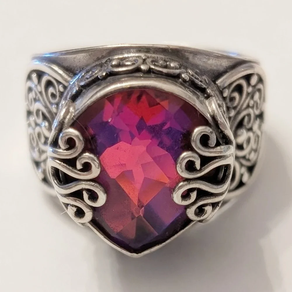 Sarda‎ Bali Sterling Silver 925 Pear Shaped Pink Purple Quartz Filigree Ring 7